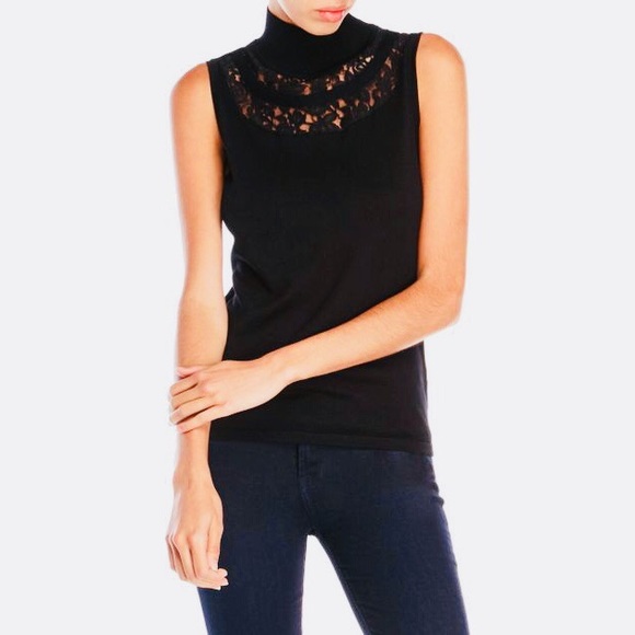 august silk Tops - August Silk Lace-Insert Sleeveless Turtleneck Top